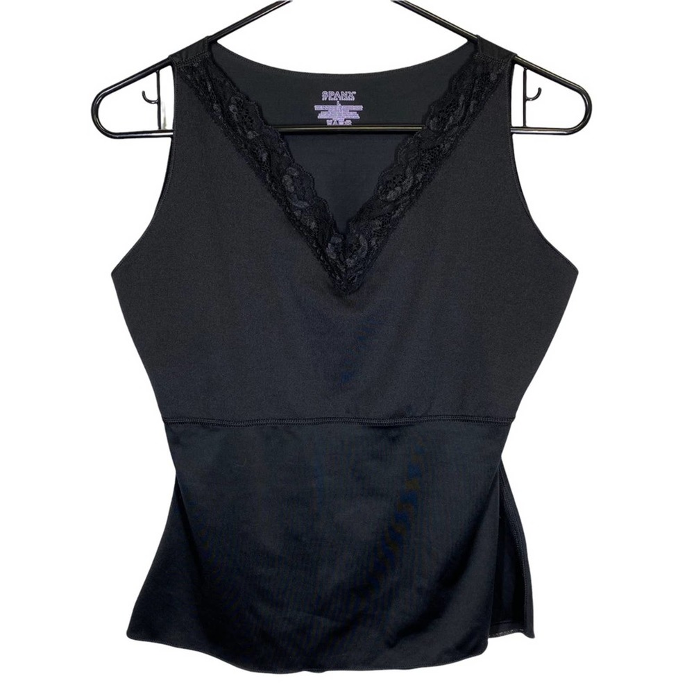 Spanx Black Hide Sleek V-Neck Lace Trim Stretch Shapewear Tank Top L
